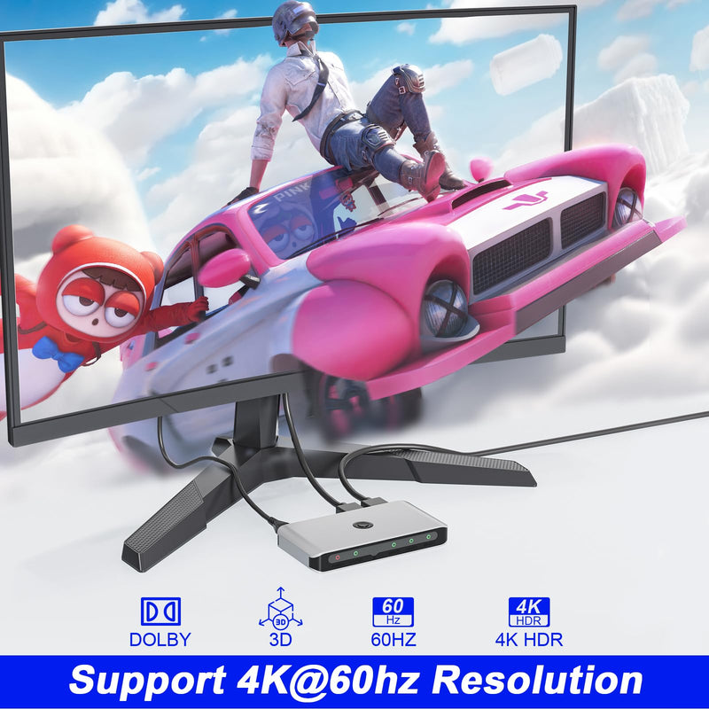 HDMI Switcher 3 in 1 Out, 3 Port HDMI-Splitter with IR Remote Switcher Selector Box Support 4K@60Hz, Plug and Play Compatible with PS 5/4/3 Xbox Switch Roku TV Fire Stick