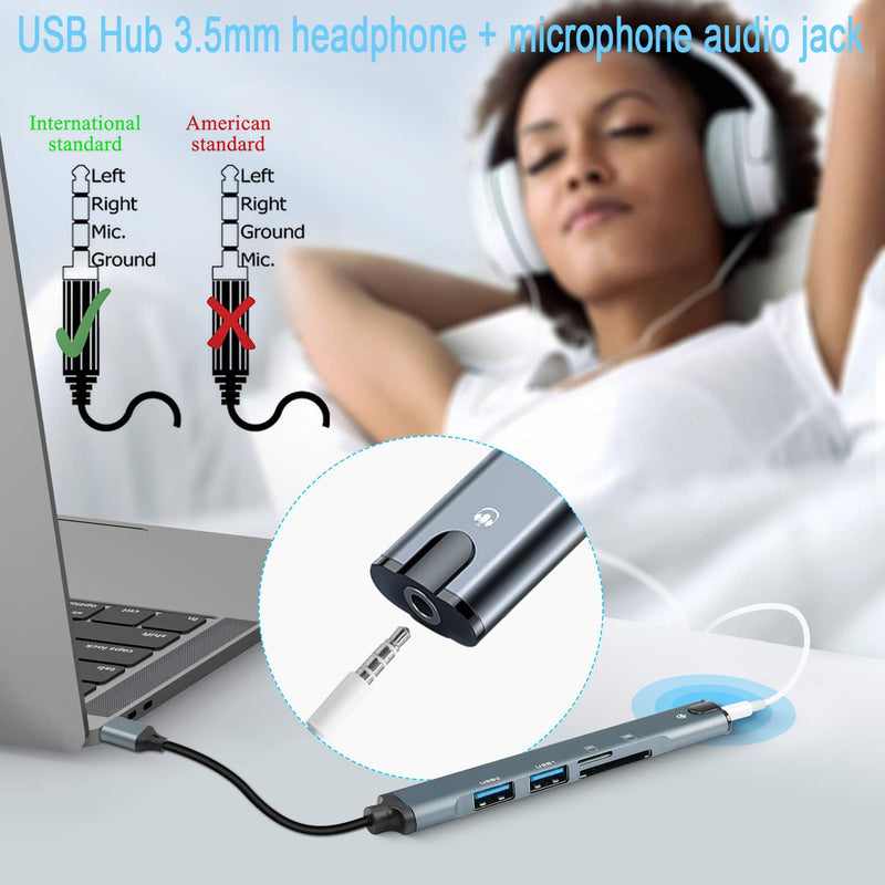 QIANRENON 5 in 1 USB Docking Station Hub USB 2.0 to USB 2.0 TRRS 3.5mm Audio TF/SD Card Reader Multi Function Port Replicator Adapter, for Laptop TF/SD Memory Card ISO 4 Pole Headphone