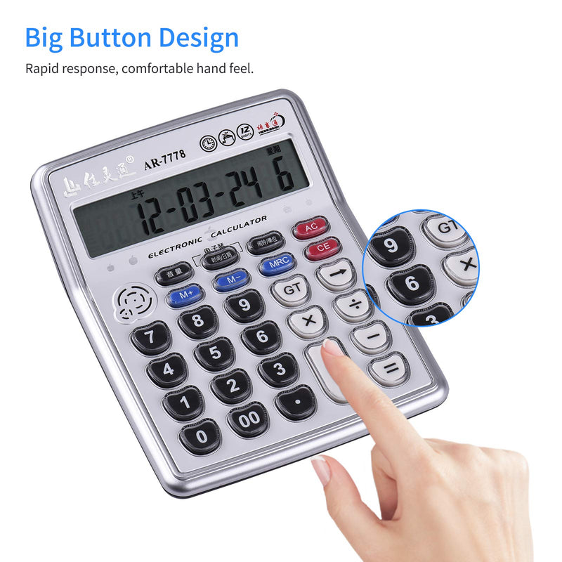 Calculators Large Display,Musical Desktop Calculator 12-Digits LCD Display Electronic Calculator Counter Big Buttons with Music Piano Play Time Date Show Alarm Clock Function for Office