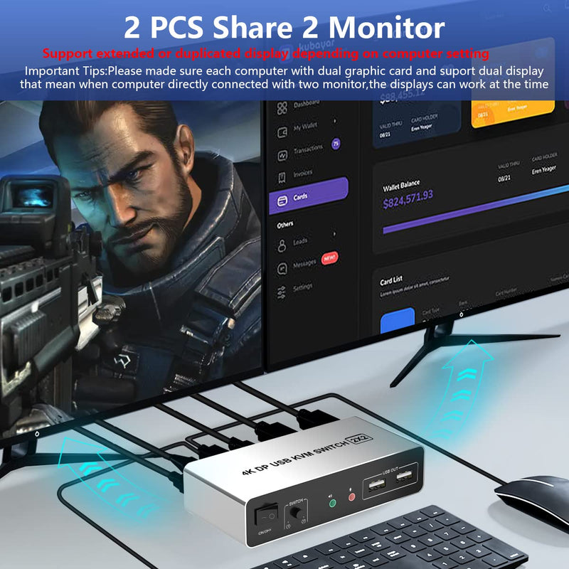DisplayPort KVM Switch Dual Monitors for 2 Computers 4K@60Hz 2 in 2 Out Displayport KVM Switch with Audio Microphone Output and 3 USB Ports, Keyboard Mouse Displayport Dual Monitor KVM