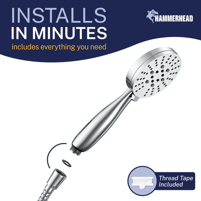 HammerHead Showers® Solid Metal 3-Spray Hand Held Shower Head, Chrome | Select from Wide, Massage, and Mist Sprays | 2.5 GPM High Flow Handheld Showerhead | Made from 304 Stainless Steel
