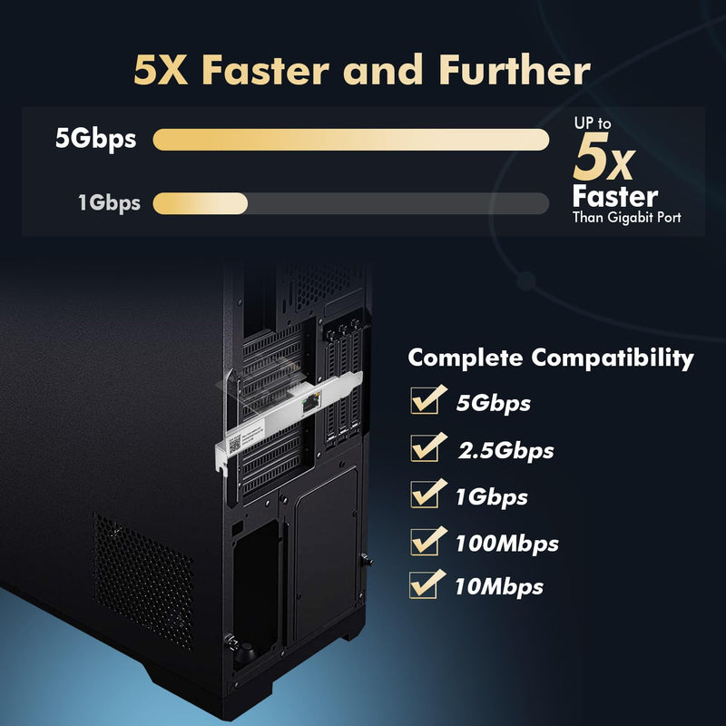 5G PCIe Network Adapter, RTL8126 5G/2.5G/1G/100Mbps Binardat Ethernet Card RJ45 LAN Controller with Low Profile, Support PXE for Windows 11/10, Linux 1x5 Gigabit