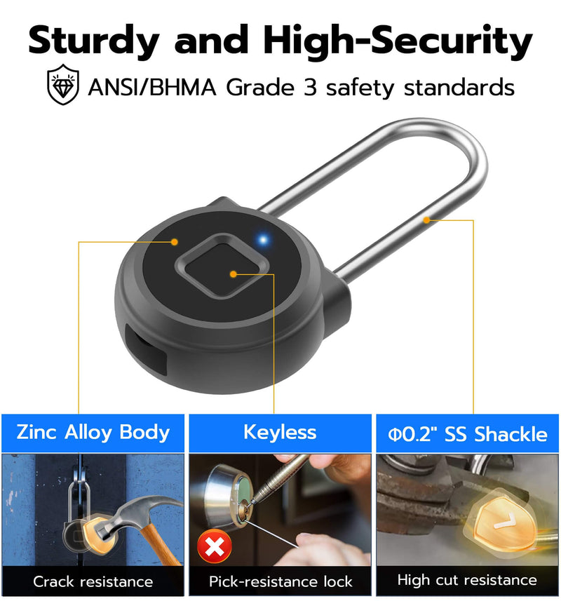 Anweller Fingerprint Gym Locker Lock, Keyless Biometric Long Shackle Small Padlock, Electronic Digital Bluetooth Smart Waterproof Pad Lock for Outdoor Fence Gate School Storage Sport Backpack Travel