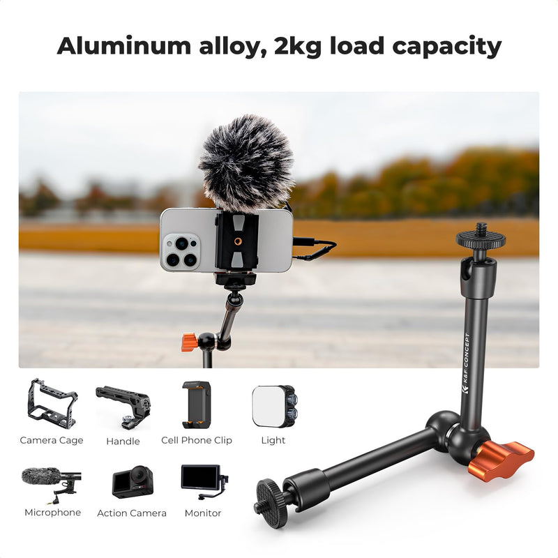 K&F CONCEPT 9.8" Magic Arm Clamp Kit with 1/4" & 3/8" Thread Screw 360° Ball Heads Articulating Magic Arm Camera Mount for DSLRs, Monitor, Flash, LED Light, Microphone, Camera Cage, Action Camera 9.8" with Clamp