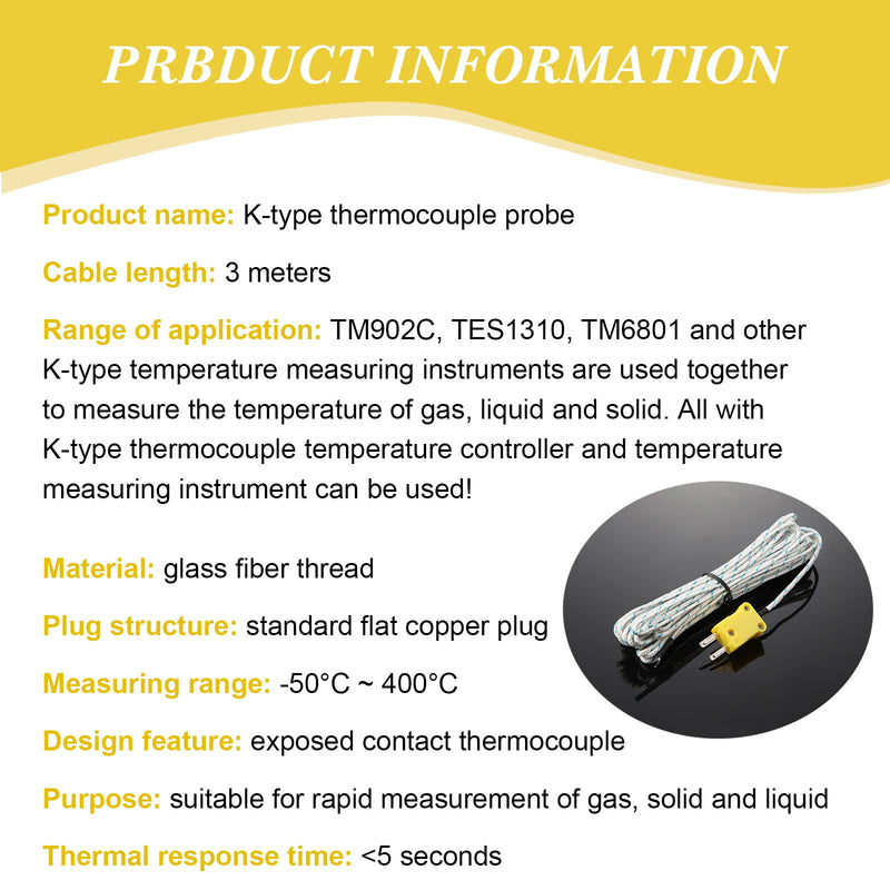 30 Pieces 3 Meters K Type Mini-Connector Thermocouple Temperature Probe Sensor K Type Thermocouple Wire Temperature Sensing Line Measure Range -50 to 400 Celsius, Compatible with TM902C/ TES1310 30