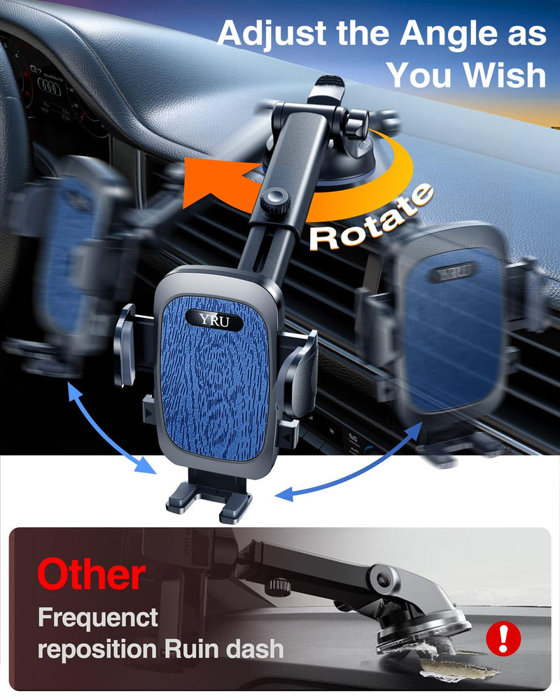 YRU True Military-Grade [360° Rotation Suction] 2025 Ultimate Car Phone Holder Mount 【90+LBS Safest Strongest & Patent Certs】 Dashboard Windshield Vent for iPhone 17 16 Pro Max Samsung, Dark Blue