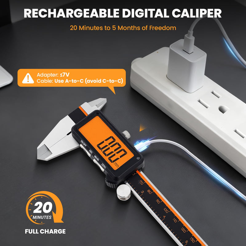 HARDELL Digital Caliper, Rechargeable Calipers with Large Orange Screen (No Backlight), Anti-Glare LCD & ABS Function, in/MM Caliper Measuring Tool, Stainless Steel Micrometer -Auto Off for Household Bright Orange