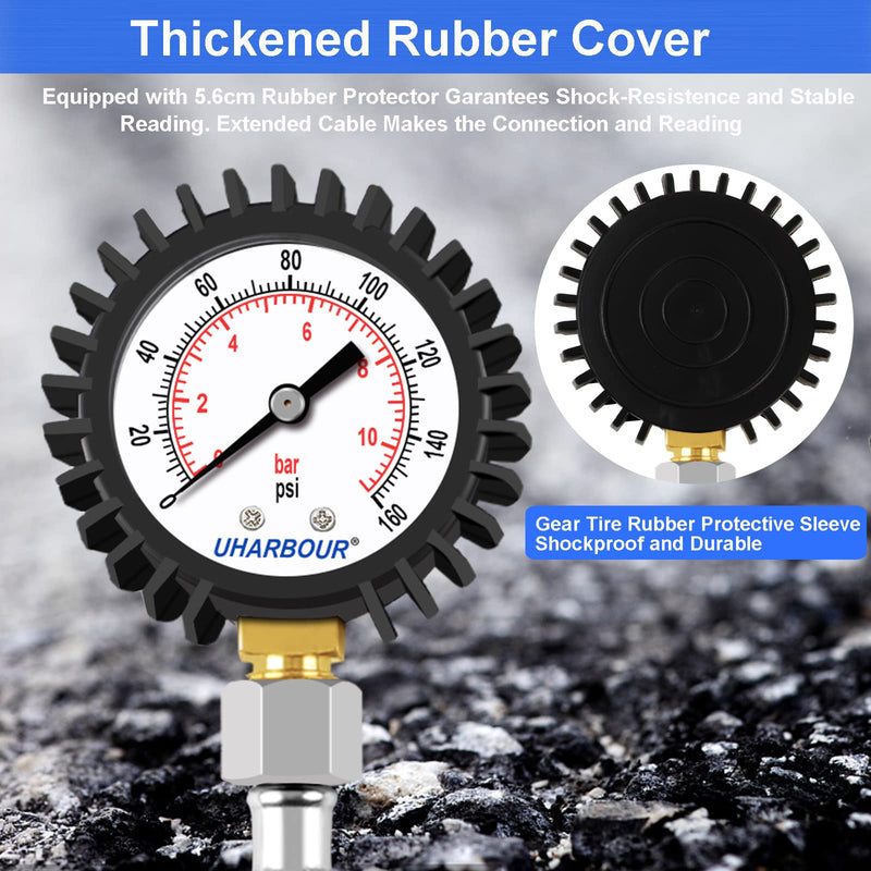 Uharbour Pressure Gauge Water Pressure Gauge 0-11Bar with 160Psi Dual Scale 3/4BSP to 1/2BSP, Buttom Mount, Water Pressure Gauge with Rubber Protection, Black 0-160PSI Bottom Mount
