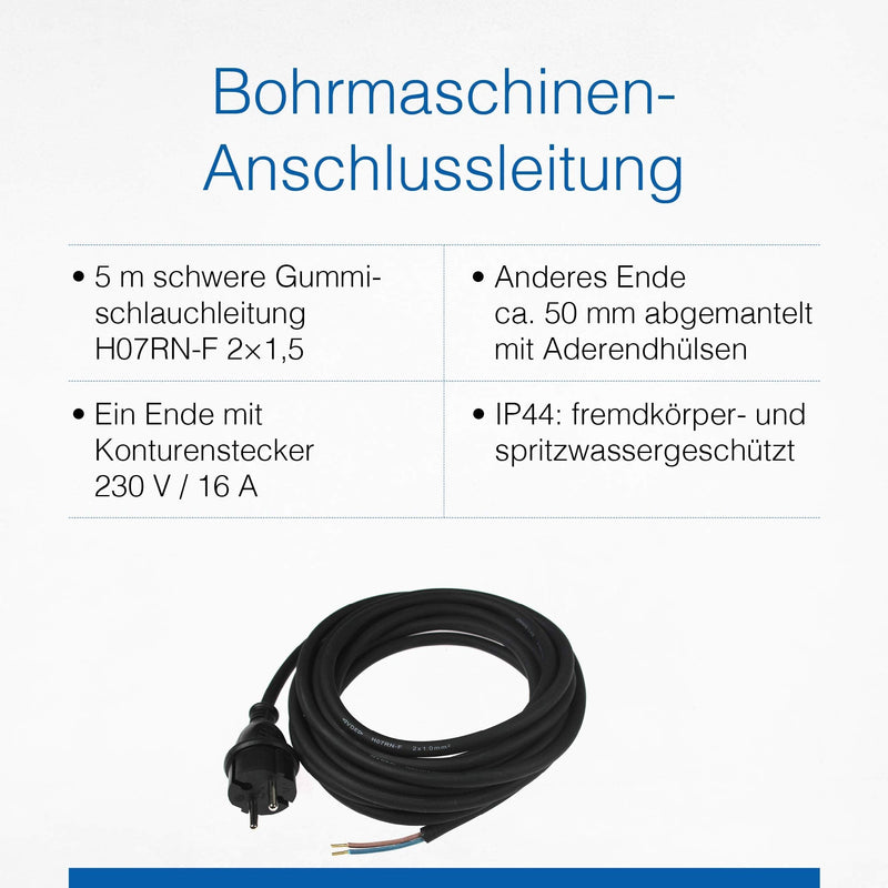as - Schwabe rubber connecting cable 5 m - connecting cable 230 V / 16 A, H07RN-F 2x1.5 - protective contact plug with cable - power cable with wire end sleeves - IP44 I 70558 5 m H07RN-F 2x1.5