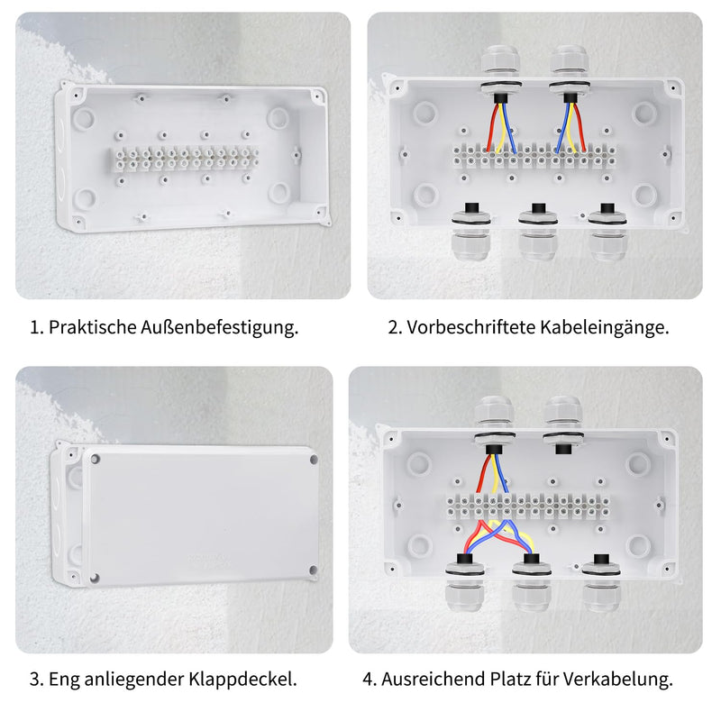 DAMORON junction box IP65 waterproof, surface-mounted junction box, Ø12-15 mm, ABS junction box large, flush-mounted junction box for wet rooms Floor, distribution box white (200x100x70mm) white