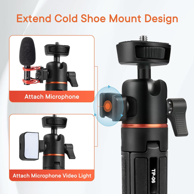 Camera Tripod Stand, Mini Desktop Aluminum Tripod Selfie Stick with Cold Shoe, 360° Ball Head with 1/4 Inch Screw, Portable Tripod for iPhone Android Canon Sony DSLR Vlogging Video Recording