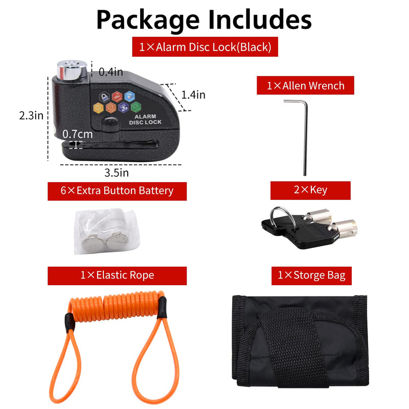 Alarm Disc Lock Set, Brake Lock, Anti-Theft Waterproof 110 dB 7mm Pin 5ft Reminder Cable for Motorcycles Bike Scooter Carry Pouch (1pcs Black) 1pcs Black