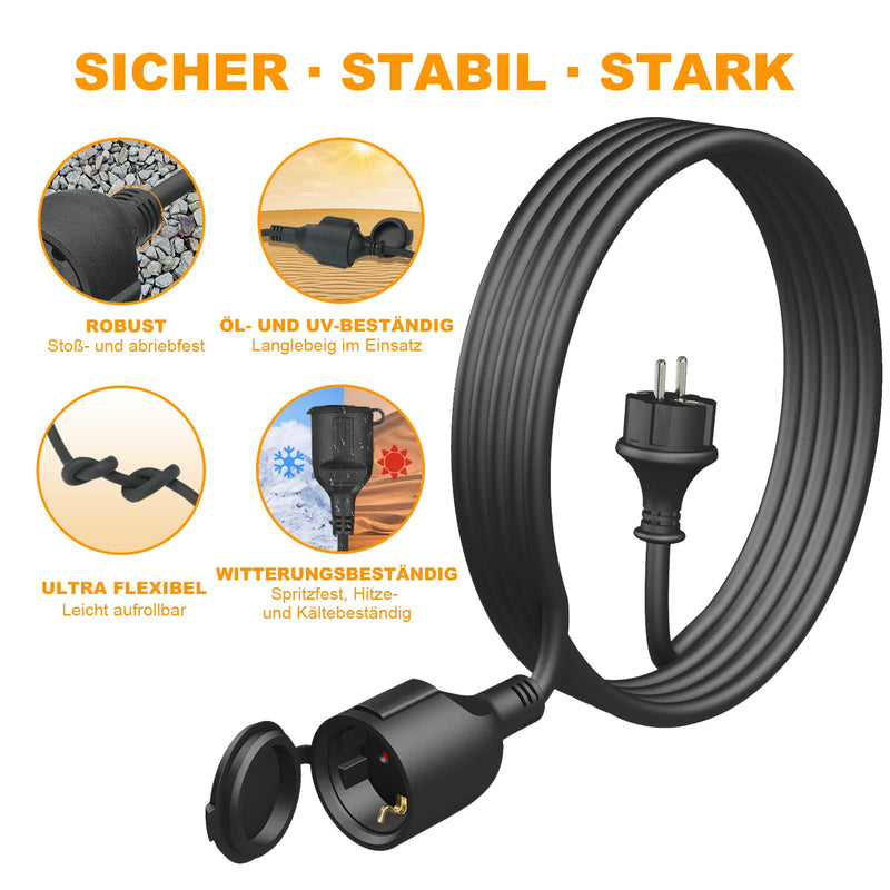 Outdoor Extension Cable, 3 m, Rubber Power Cable Extension with Schuko Plug for Outdoor Use, IP44, Cable Extension H05RR-F 3G 1.5 mm² with Protective Cap, Electric Cable Outdoor, 3500 W, Black 3 metres