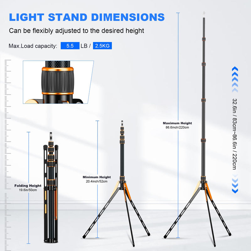 Carbon Fiber Extendable Travel Light Stand 7.2ft / 2.2m Sturdy Light Weight Portable Tripod Light Stand with Carry Bag for Photography Studio Outdoor Shooting Speedlight Flash Reflector Ring Light Carbon Fiber