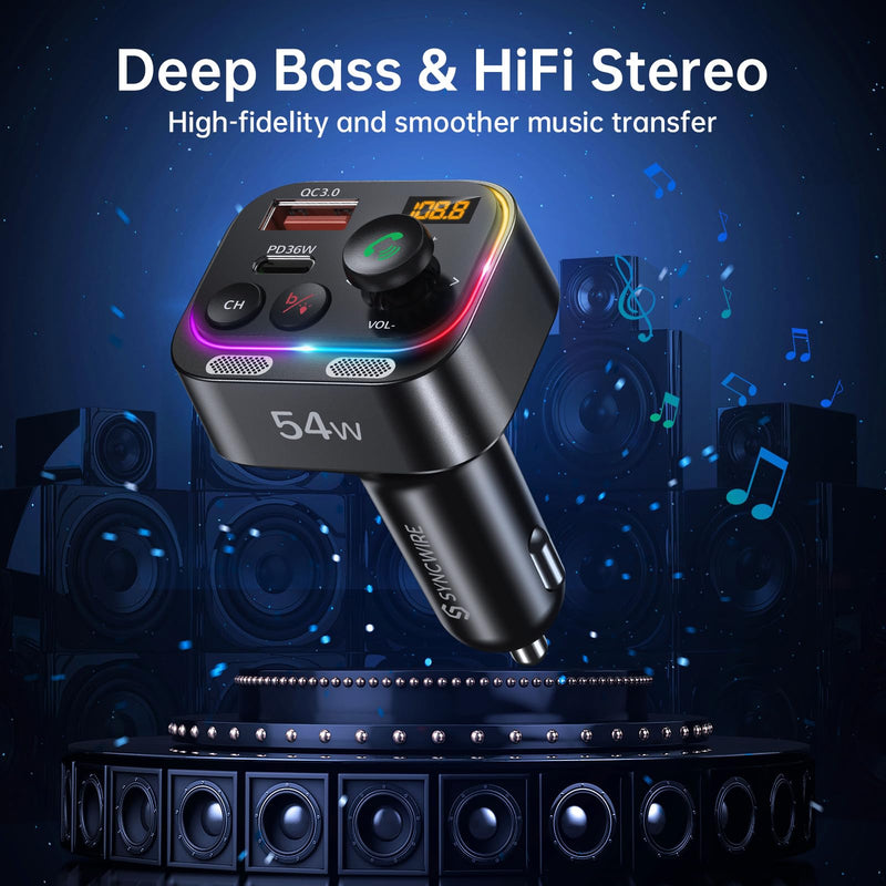 Syncwire Bluetooth 5.4 FM Transmitter Car Adapter 54W (PD 36W & 18W) [Stronger Dual Mics] [Light Switch] [HiFi Bass Sound] [Fast Charging] Wireless Radio Receiver Hands-Free Calling LED Display Black