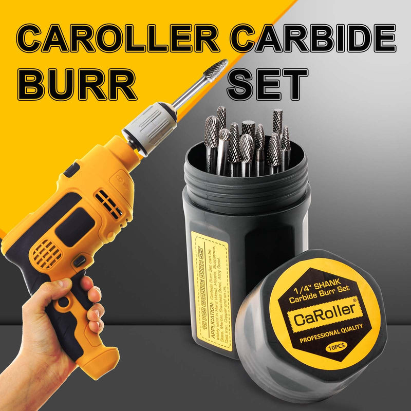 CaRoller Carbide Burr Set, 1/4" Shank 10PC Double Cut Die Grinder Rotary Tool Cutting Burrs Set for Metal and Wood Working Carving, Engraving, Polishing, Grinding with Portable Round Storage Case 10PC 1/4 shank