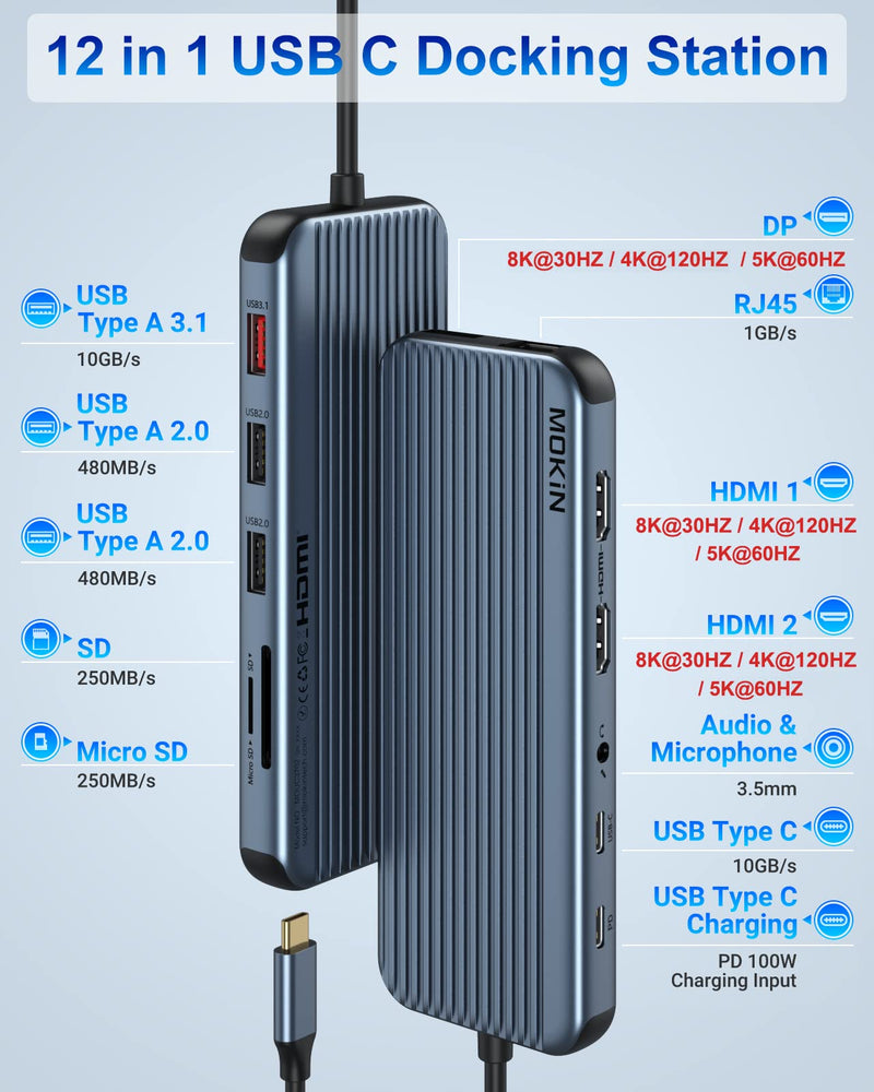 USB C Docking Station for 8K Single Monitor Display, 4K Triple Monitors Display with Dual HDMI, DisplayPort, USB 3.1, USB C 3.1, 2*USB 2.0, SD & MicroSD Slot, Audio & Mic Jack, Ethernet, PD Charging