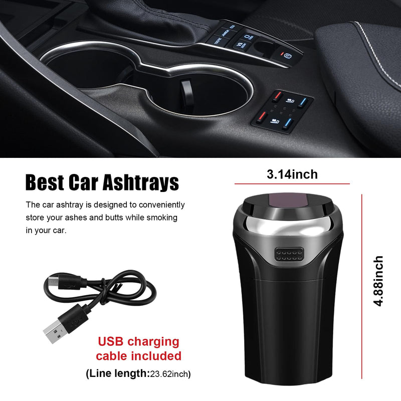 Car Ashtray with Lid, Detachable USB Rechargeable Auto Cigarette Lighter with Blue LED Light, Portable Smell Proof Stainless Car Ash Tray, Mini Automotive Trash Can (Silver) Silver