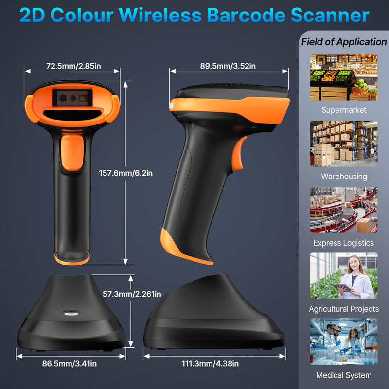 AGPTEK Bluetooth & 2.4GHz Wireless Barcode Scanner with Battery Indicator, Replaceable Battery, 2D/1D QR Code Reader, Wireless Charging Cradle, Ideal for Retail & Warehouse Use