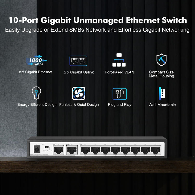 10 Port Gigabit Switch, 8 x 100/1000Mbps Ports, 2 Gigabit Uplink, Support Vlan, Metal Fanless Unmanaged Plug and Play YuLinca Ethernet Switch 10x1G