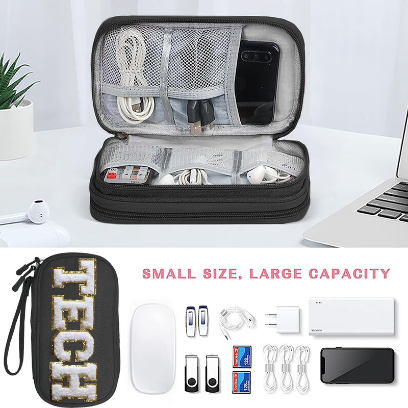 Small Electronics Organizer Travel Bag with Chenille Letter Patch TECH for Men Women Christmas Gift, Cord Charger Cable Traveling Accessory Pouch Essential Supply Storage Case (Black) Black
