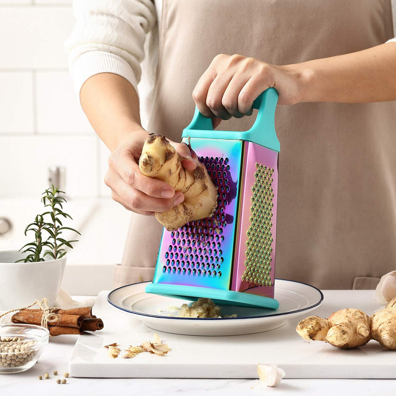 Marco Almond® KYA57 Professional Rainbow Color Box Grater,Stainless Steel Grater with 4 Sides,Slicer 5 Piece Set, Potato,Cheese,Cucumber,Salad Vegetables Graters Peelers, Turquoise Stainless Steel 5-Piece