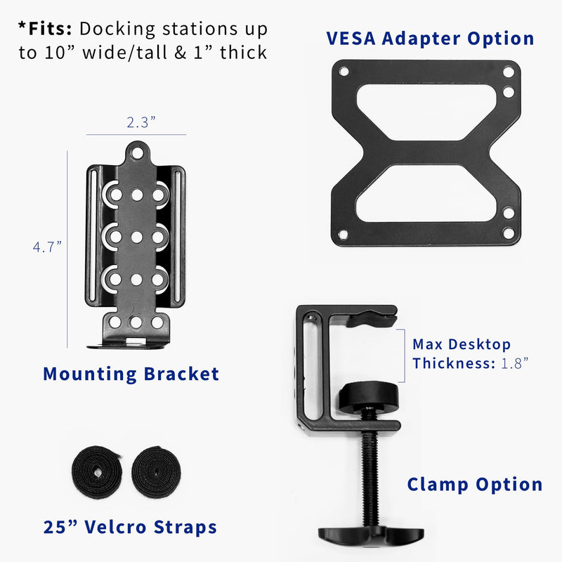 VIVO Universal Docking Station Mount for Workstation, Behind Monitor VESA Mounting, Under Desk Installation, Heavy Duty C-clamp Options, Fits Docking Stations up to 10 inches Wide, MOUNT-DS01