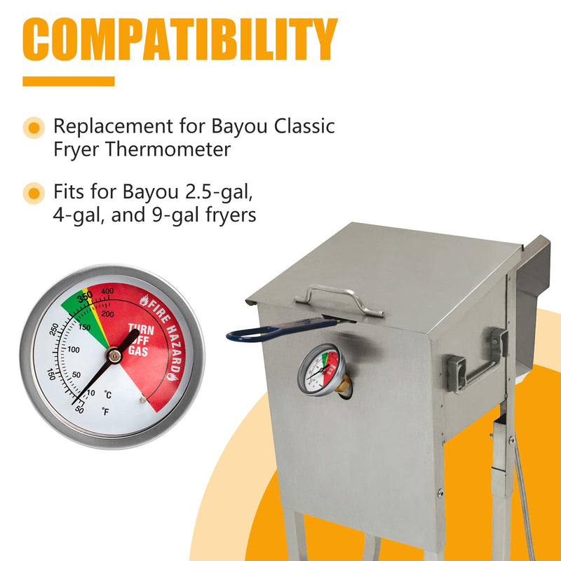 5070 Fryer Thermometer Replacement for Bayou Stainless Steel Tempered Dial, Fit for 9-gal 2.5-gal 4-gal Fryers, w/ 50˚- 400˚F Deep Fry Thermometer