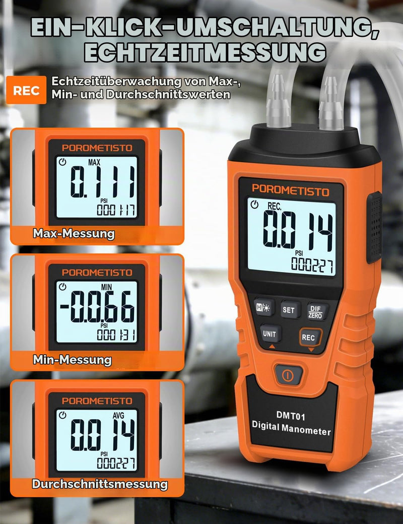 DMT01 Precision Digital Pressure Gauge, ±5 PSI / ±34.47 kPa, 12 Units, HVAC Differential Pressure Gauge, ±0.3% FS, Dual Port Gas Pressure Tester, Backlight, Data Holding, Manual Zero