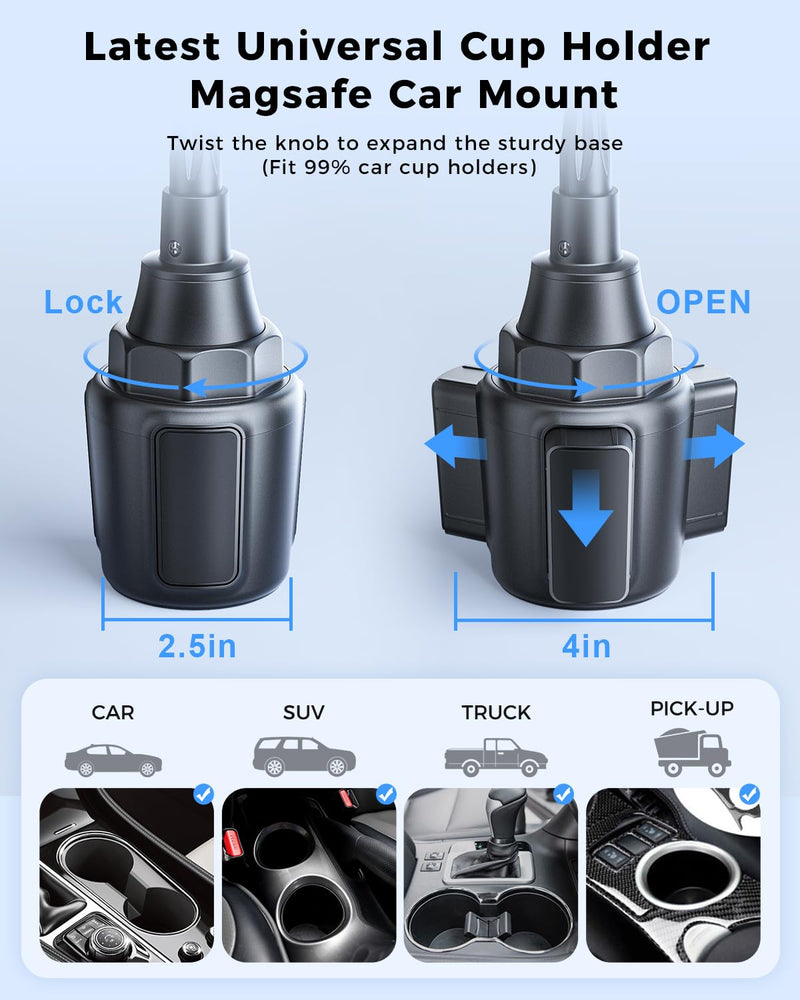 SUPERONE 2025 Upgraded for MagSafe Cup Holder Charger, MagSafe Car Mount Charger 15W Fast Charging with Adjustable Gooseneck for iPhone 17 16 15 14 13 12 Pro Max Plus Mini MagSafe Case 15W Charger Cup Holder