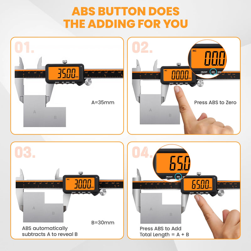 HARDELL Digital Caliper, Rechargeable Calipers with Large Orange Screen (No Backlight), Anti-Glare LCD & ABS Function, in/MM Caliper Measuring Tool, Stainless Steel Micrometer -Auto Off for Household Bright Orange
