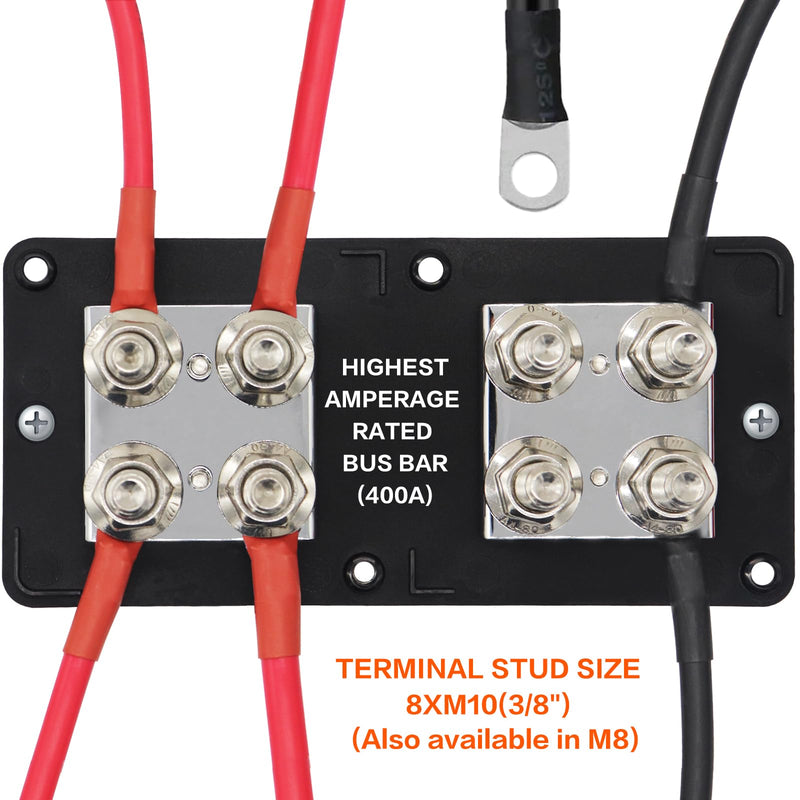 Heavy Duty 400A 48V Bus Bar Tin Plated Copper Power Distribution Block Ground Busbar Box 8XM10(3/8") Terminal Studs Module Design for Automotive RV Car Marine Truck Boat Battery Audio (B&R) 400A B&R