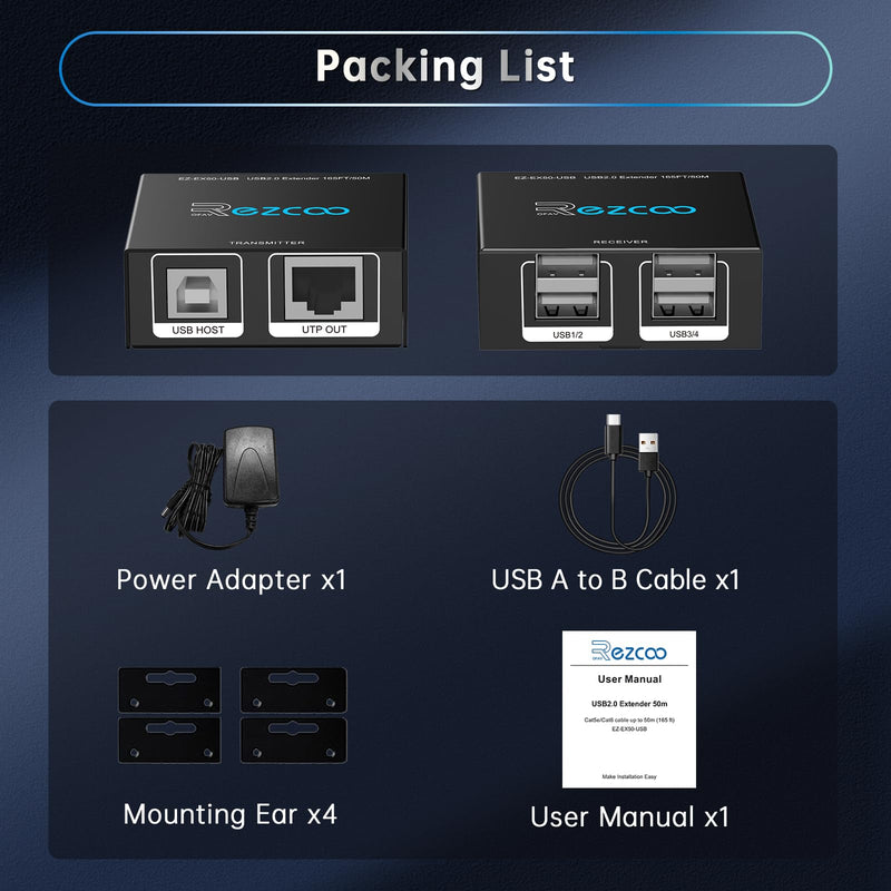 USB Extender 165ft 50m 4-Port USB2.0 HUB by Cat5e Cat6 -Two Webcam Work Sync,Plug & Play for Camera Storage Hard Drive PC Windows,MacOS,Android,1.5m USB Cable, 5V Power U SB Over Ethernet