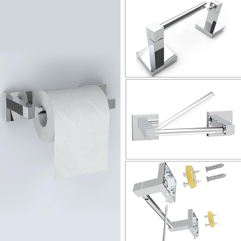 Ruacq Chrome Toilet Paper Holder Towel Ring Bathroom Accessories Hardware Set Double Post Pivoting Toilet Roll Holder Square Stainless Steel and Zinc Alloy Modern Wall Mounted 2 Pieces 2pcs