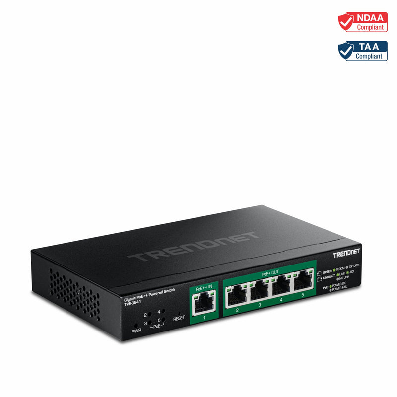 TRENDnet 5-Port Gigabit PoE++ Powered Managed Switch with PoE Passthrough, TPE-B541, 1 x Gigabit PoE++ Input, 4 x Gigabit PoE+ Output, 60W PoE Budget, NDAA TAA Compliant, Lifetime Protection PoE++ 90W