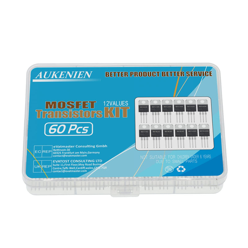 AUKENIEN Mosfet Transistor Kit 12 Values 60 Pieces IRFZ44N IRF510N IRF520N IRF530N IRF540N IRF640N IRF740 IRF820 IRF830 IRF840 IRF3205 IRF9540N TO-220 Mosfet Transistors