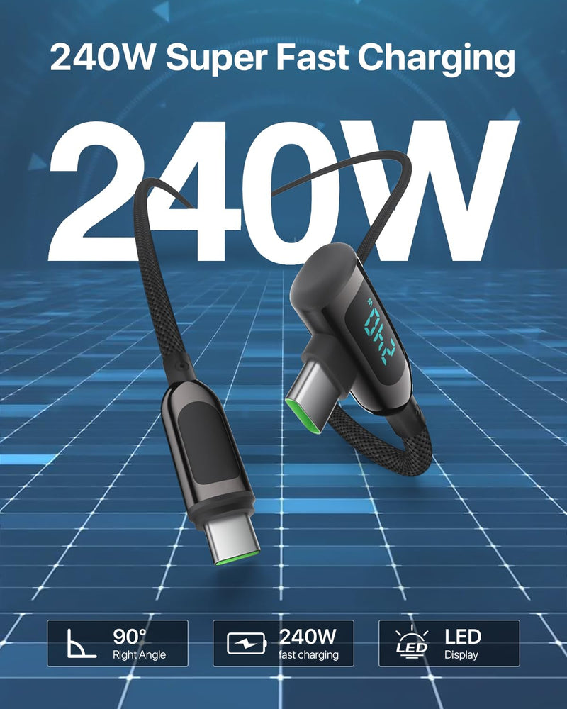 240W Right Angle USB C to USB C Cable [10ft/2Pack],Nylon Braided Type C Fast Charging Cable with LED Display for lPhone 16/15 Pro Max, Galaxy S25/S24 Ultra, MacBook, Laptop,Black 10FT-2Pack