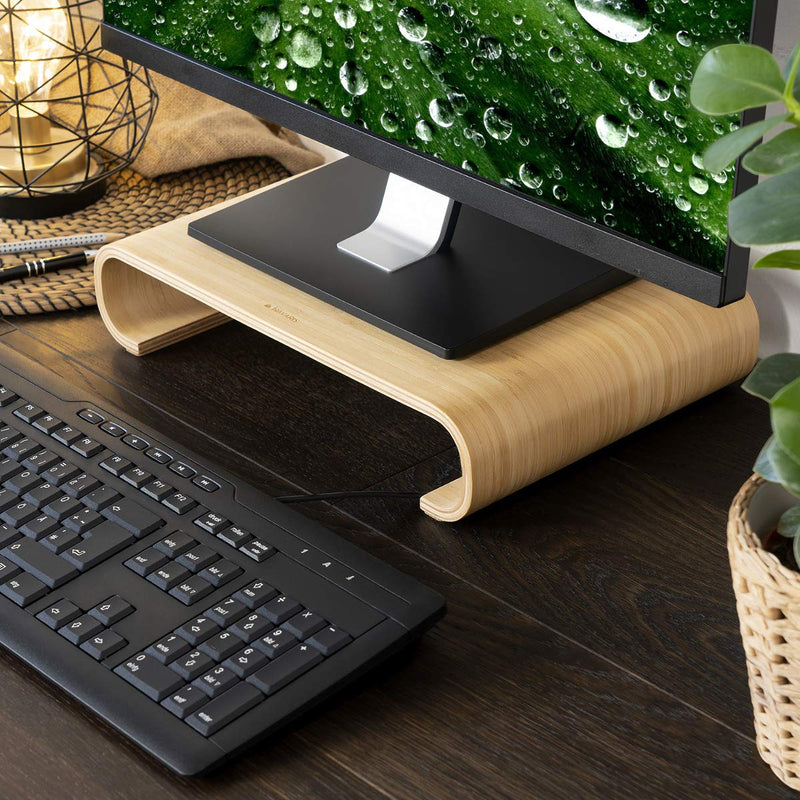 Navaris Wood Monitor Stand Riser - Computer Desk Organizer Desktop Dock Wooden Mount Display for PC TV Screen Notebook Laptop - Bamboo bamboo wood light brown