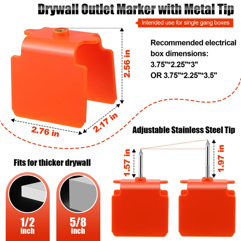 Dreyoo 12 Pack Drywall Outlet Marker with Metal Tip, No Measuring Needed Electrical Box Locator Tool, Blind Mark Drywall Cutout Tool for Single Gang Outlet Boxes, Wire Protection (Orange) Orange