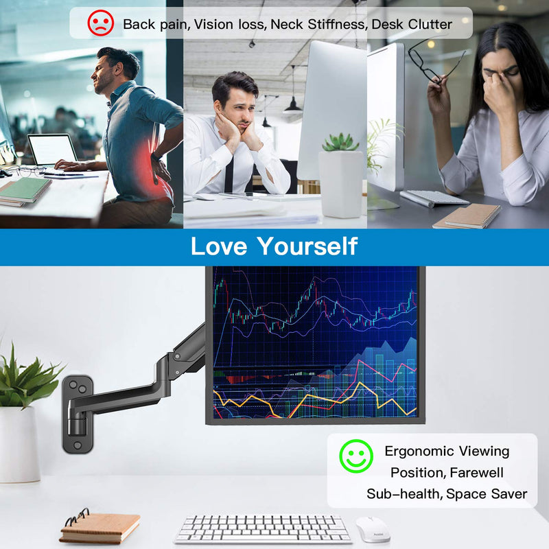 HUANUO Single Monitor Wall Mount for 13 to 32 Inch Computer Screen, Monitor Wall Mount Arm Holds up to 17.6lbs, Height Adjustable Full Motion Gas Springcore Wall Monitor Mount-VESA Mount 75x75,100x100