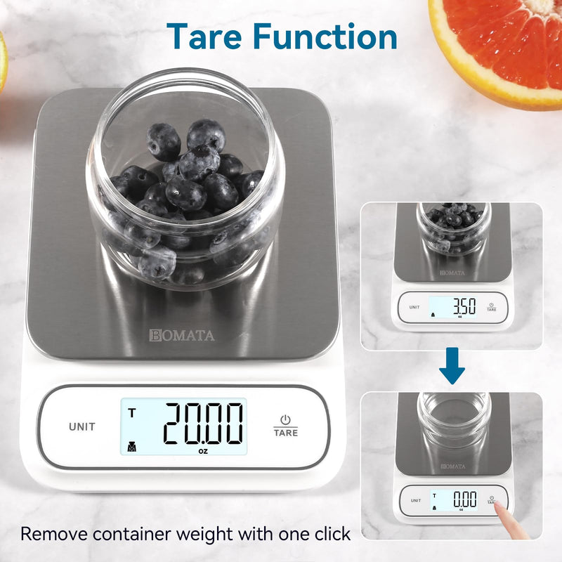 BOMATA Waterproof IPX6 Kitchen Scale, 0.1 g/0.01 oz High Precision, 5 kg/11 lbs, Digital Scale with Backlight, Stainless Steel Weighing Platform, for Food, Cooking, Baking, Weight Loss.. B619, White 0.1g/5kg Non-rechargeable White