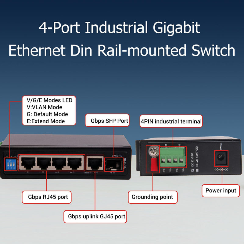 Industrial Ethernet Switch, 6-Port Gigabit Ethernet Switch, 1000Mbps, 4*1 RJ45 Uplink+1 SFP Port, Din Rail & Wall Mountable (-40 to 185 F), 12Gbps Switching Capacity, with UL Power Supply industrial etherent switch 4 port