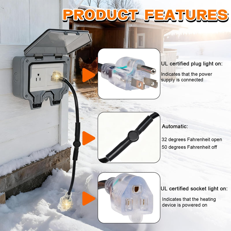 2PCS Thermostat Controlled Extension Cord,32°F(0 Degree) Auto On/50°F(10 Degree) Thermostat Controlled Outlet for Heat Cable Controller,Compatible with Any Outdoor Thermostat Plug Outlet 1 Plug/2PCS