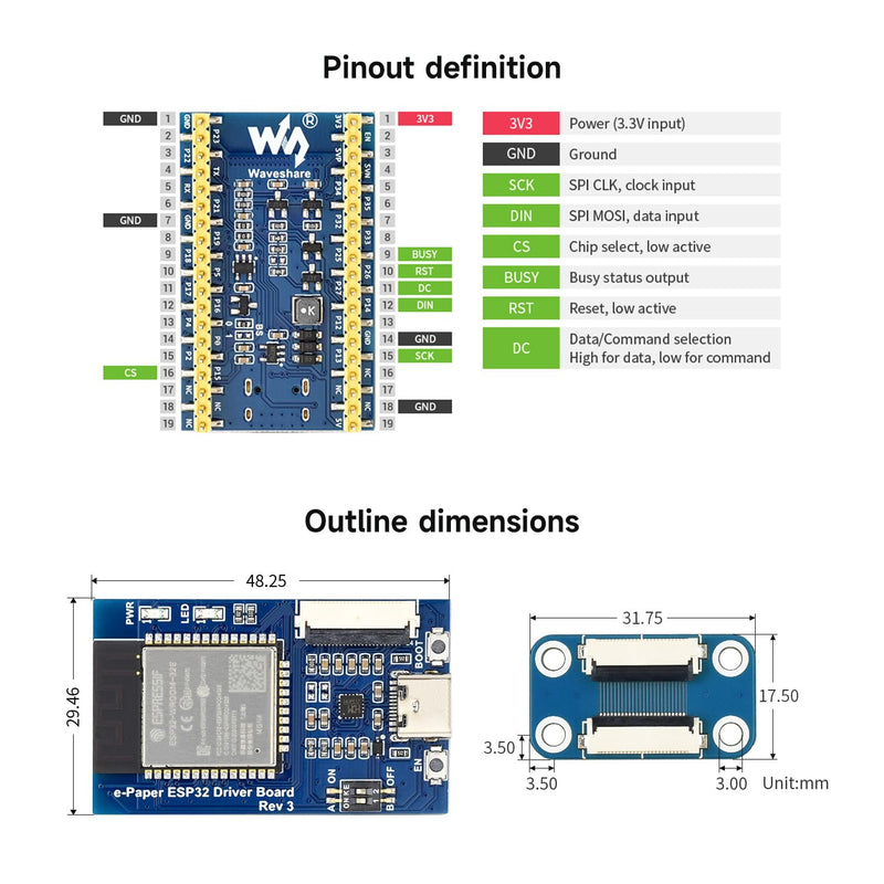 Waveshare Universal e-Paper Driver Board with WiFi/Bluetoth SoC ESP32 onboard Support Various Waveshare SPI e-Paper Raw Panels