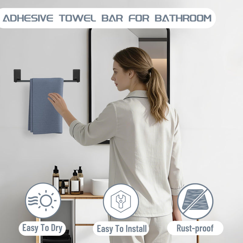 Alise Adhesive Towel Bar, 16 Inch Towel Racks for Bathroom SUS 304 Stainless Steel,Bathroom Towel Holder No Drill, Strong Self Adhesive Towel Bar, Matte Black