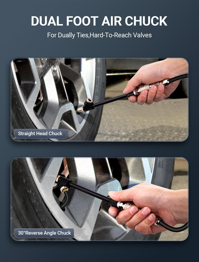 Air Chuck Set, 1/4" FNPT Extended Reach Dual Head Air Chuck w/Quick Plug, 2-Way Connect Tire Air Chuck for Tire Inflator Gauge/Air Compressor, Tire Chuck for Truck, Bicycle, Motorbike, Car Straight Foot Dual Head