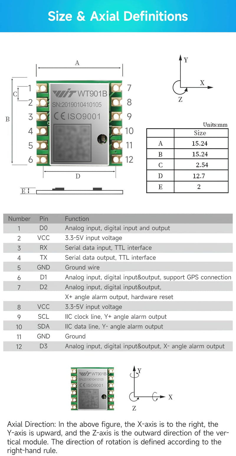 【10-Axis Barometer + Tilt Sensor】WT901B High Accuracy Accelerometer + Gyroscope + Angle + Magnetometer with Kalman Filtering, Three-axis MPU9250 AHRS IMU (IIC/TTL, 200Hz)