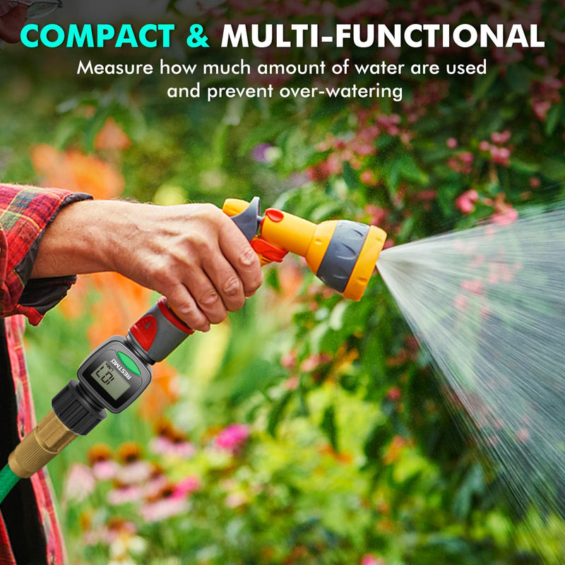 [2 Pack] RESTMO Water Flow Meter, High Measure Accuracy, Measure Gallon/Liter Consumption and Flow Rate for Outdoor Garden Hose Watering, RV Water Tank Filling, Lawn Sprinkler and Nozzle Sprayer 2 Pack