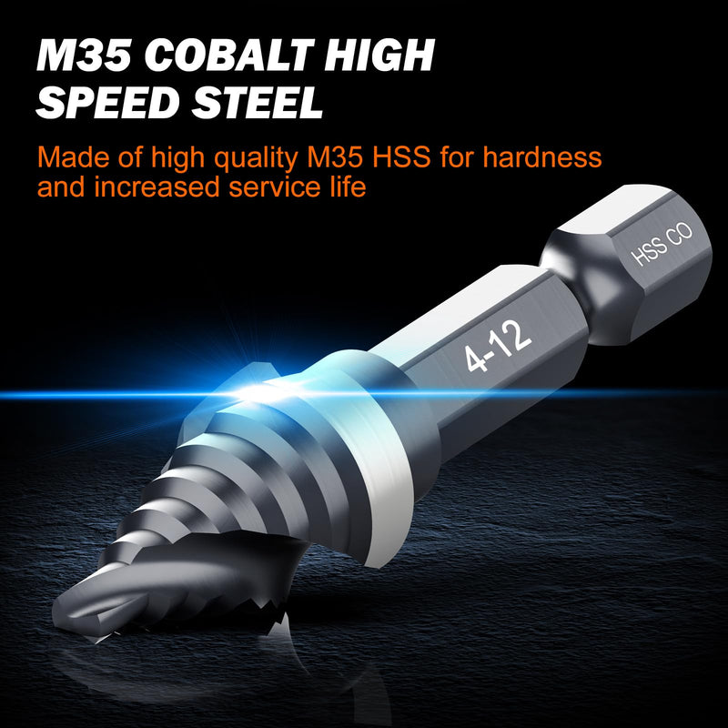 THINKWORK Metric Step Drill Bit Set, 5PCS Spiral Flute M35 Cobalt HSS Step Bits (6-16mm), 6mm Hex Shank Unibit for Metal, Stainless Steel, Aluminum, Wood & Plastic Drilling (6-16mm)-5Pcs
