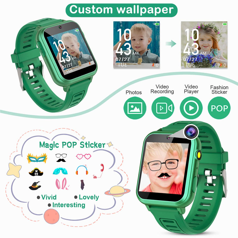 Kids Game Smart Watch Boys with 24 Puzzle Games Camera Video Player Pedometer Alarm Clock Calculator Flashlight 12/24 hr HD Touch Screen Kids Watches Toys for 7 8 9 10 11 12 Year Old Boys Green